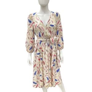 Natalie Lété Paris For Anthropologie Dress Women’s SZ 6 Feather Pattern Beige